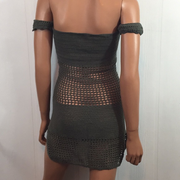 Khaki Green Boho Off Shoulder Dress Crochet - Picture 7 of 8